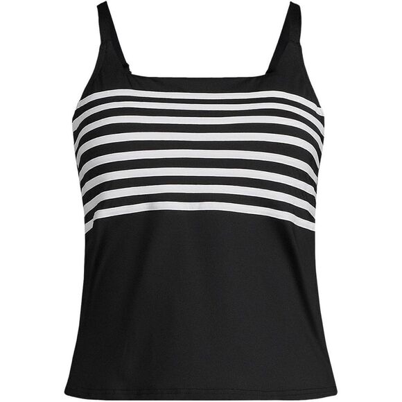 Land's End plus size square neck mod length black white stripes tankini top 1X - Picture 1 of 5